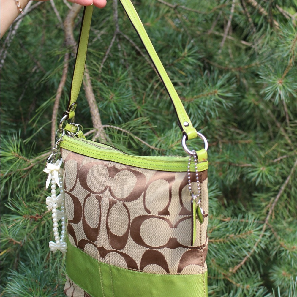 Coach Signature Canvas Shoulder Bag with Lime Green Trim
